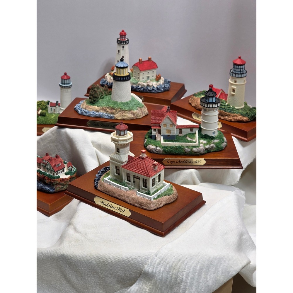 Vintage 90s W.U. Lighthouse Figurine Collection Set 7 Wood Base Nautical Decor